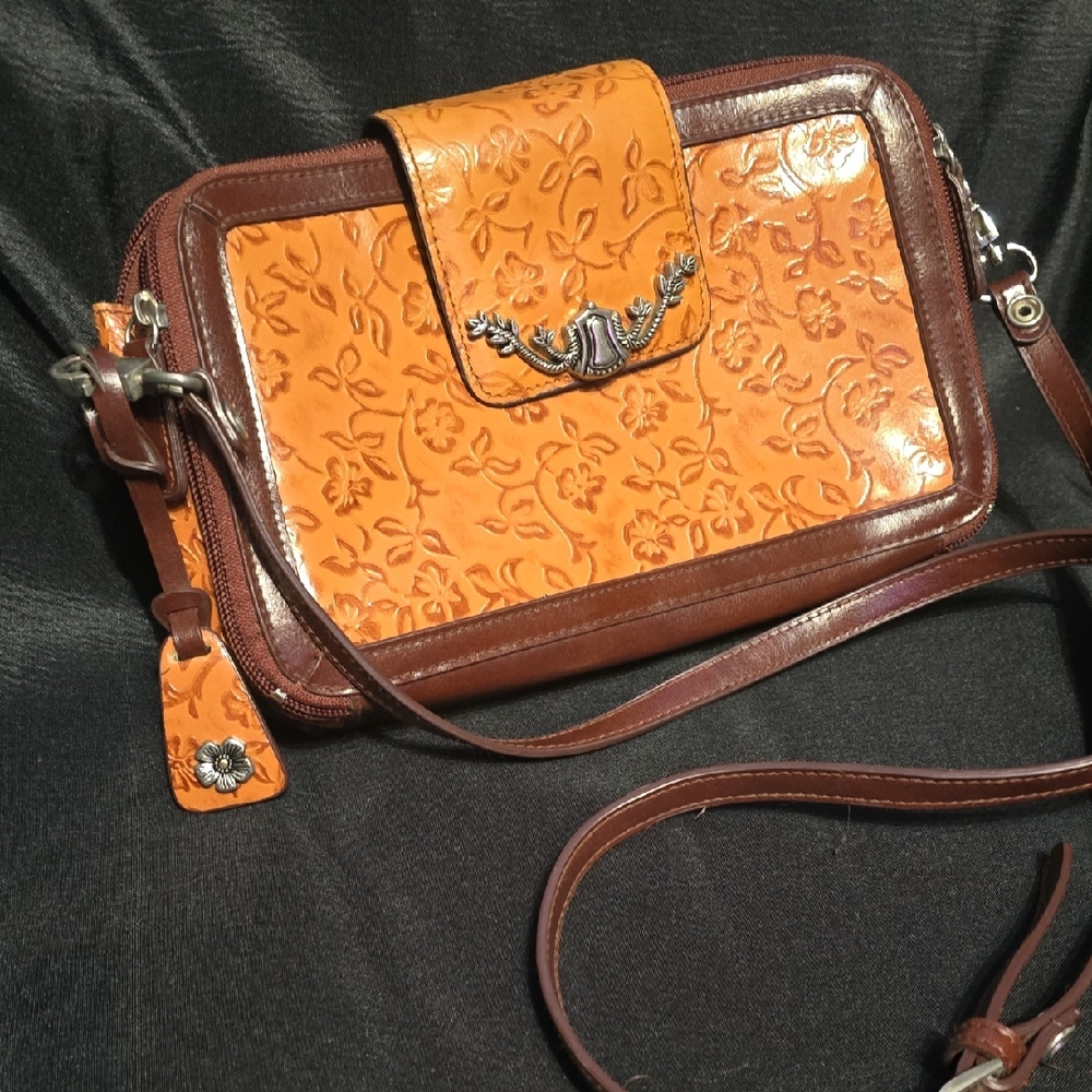 Floral Embossed Leather Crossbody Bag - Brown and Tan